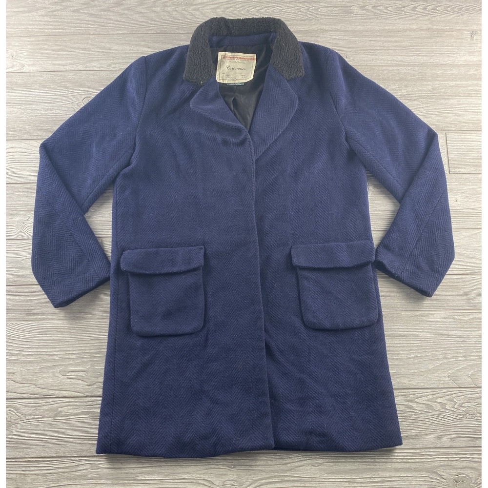 Anthropologie Cartonnier Navy Herringbone Trench Pea Coat Faux Fur Collar Large
